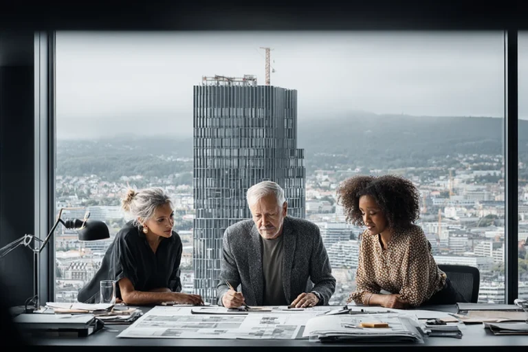 Tre architetti esaminano planimetrie a una scrivania affacciata su uno skyline con un grattacielo in costruzione