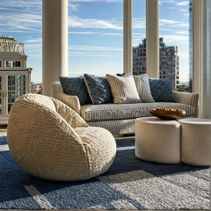 Stylish living room with layered textures and patterned cushions, combining cozy minimalism with natural light.