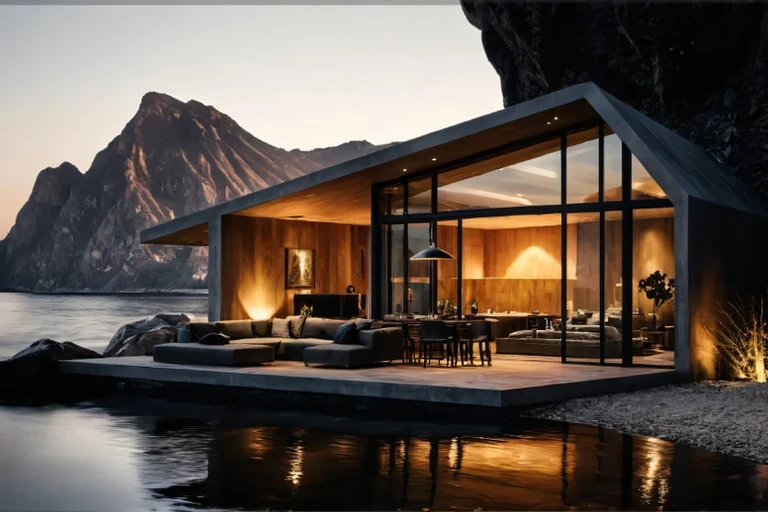 3D render of a glass-walled cliffside cabin with warm wood interior lighting at dusk beside the sea