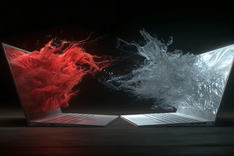 Due laptop aperti si fronteggiano nel buio, con fumo digitale rosso e bianco argenteo che si sprigiona dagli schermi