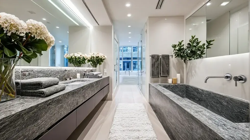 Cool modern bathroom with stone textures and light neutrals