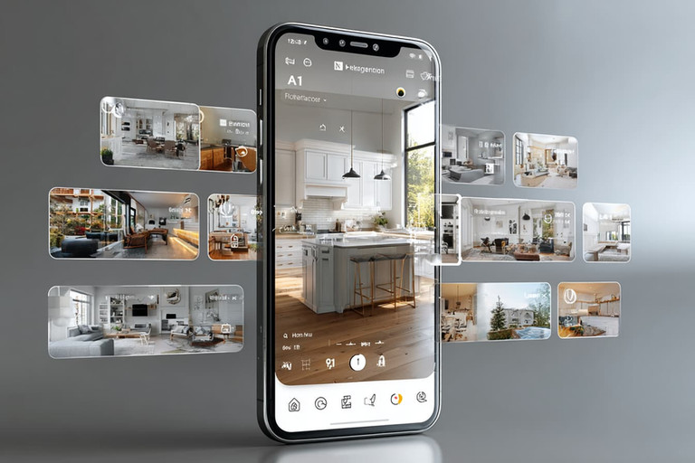 Uno smartphone mostra un'app di progettazione cucina circondata da miniature fluttuanti di interni renderizzati