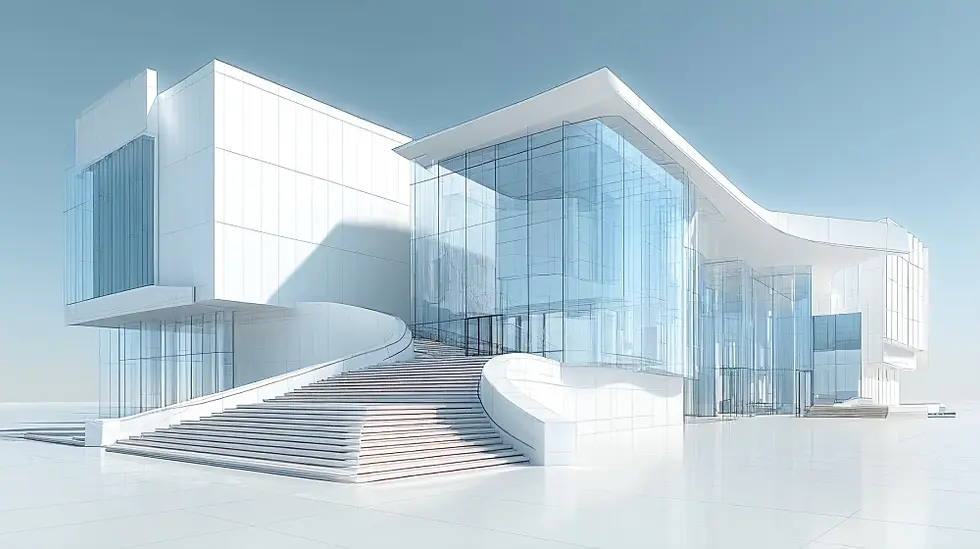 Futuristic white architectural building rendered in clean 3D modeling style with glass façades and curved staircases.