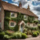 Traditional English cottage exterior with ivy-covered stone walls and colorful garden.