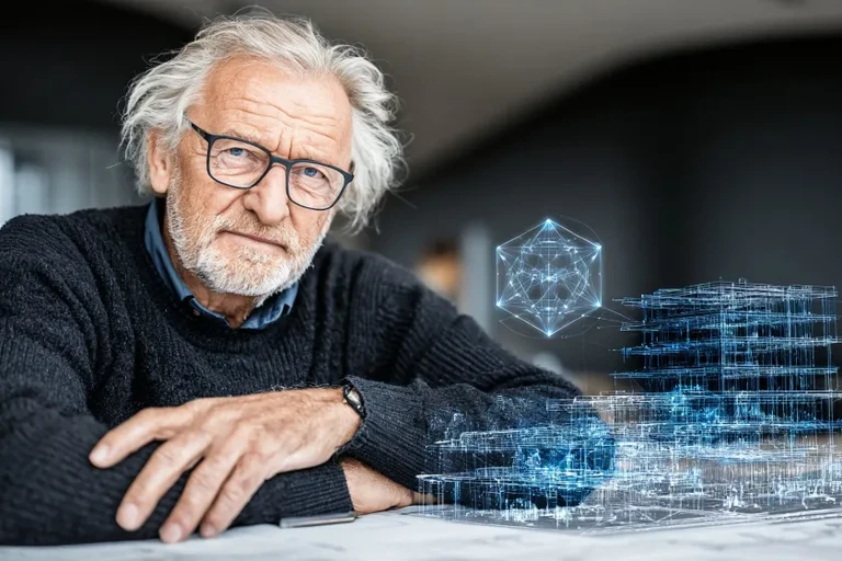 Arquitecto mayor sentado a un escritorio mira a cámara junto a un holograma azul de un edificio en wireframe