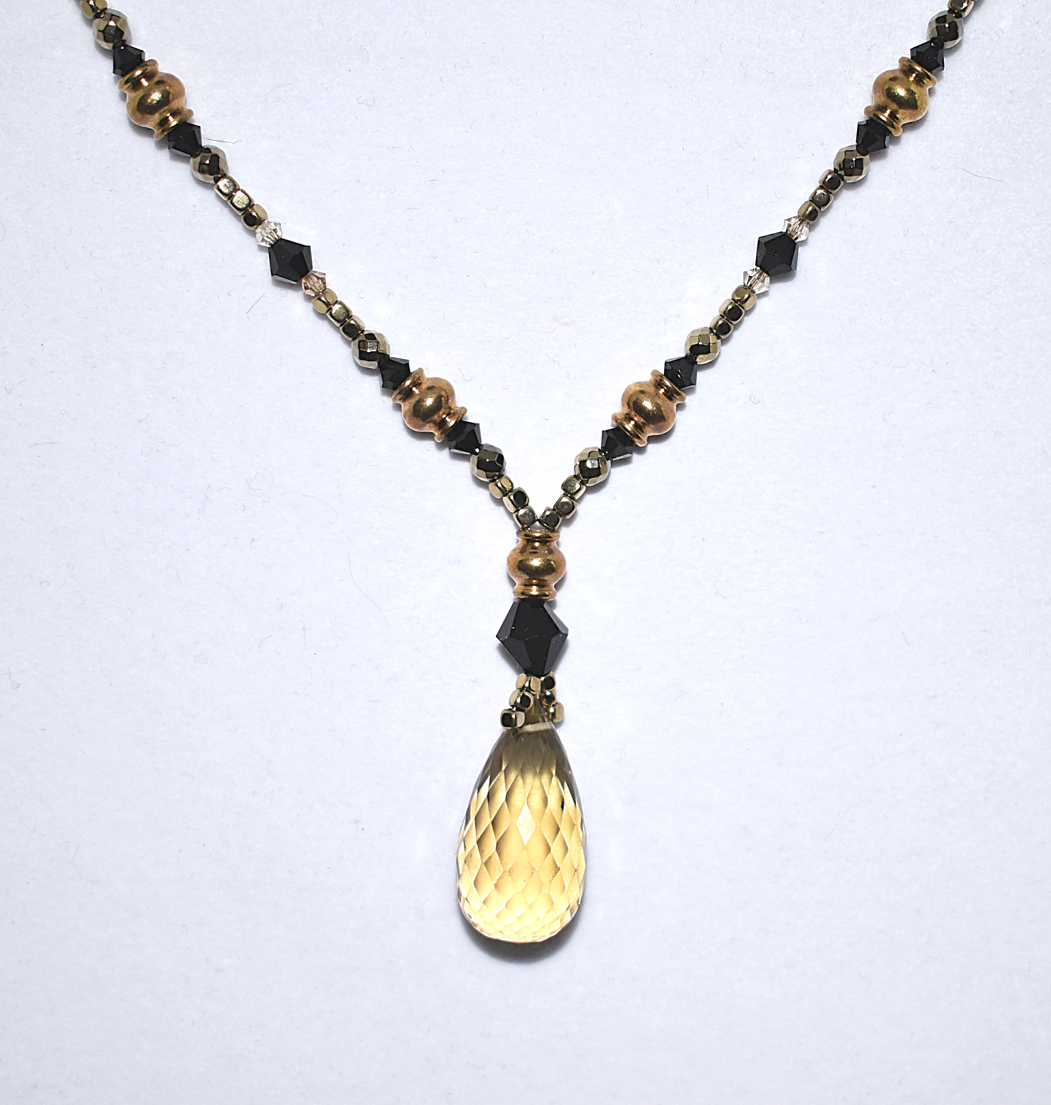 Beer Quartz, Brass, and Crystal Necklace