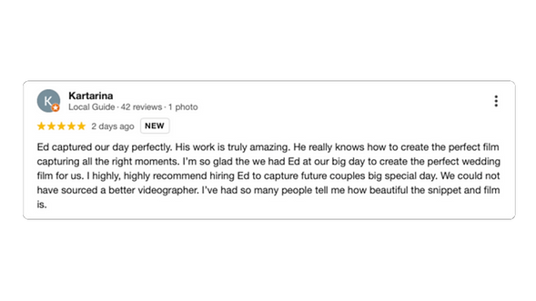 Google Reviews Sunshine Coast wedding videographer