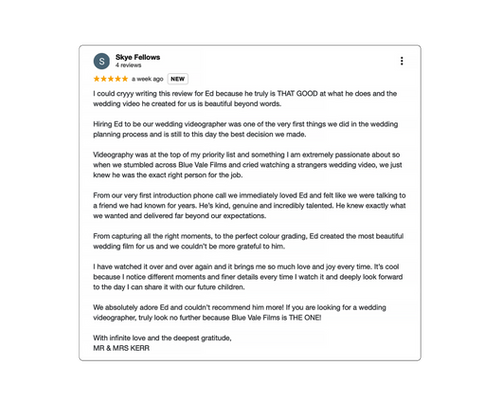 Skye & Tyson Google Reviews for Blue Vale Films videography