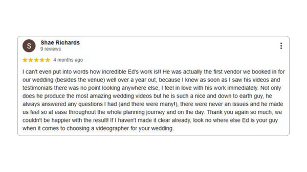 Google Reviews wedding videographer in Queensland