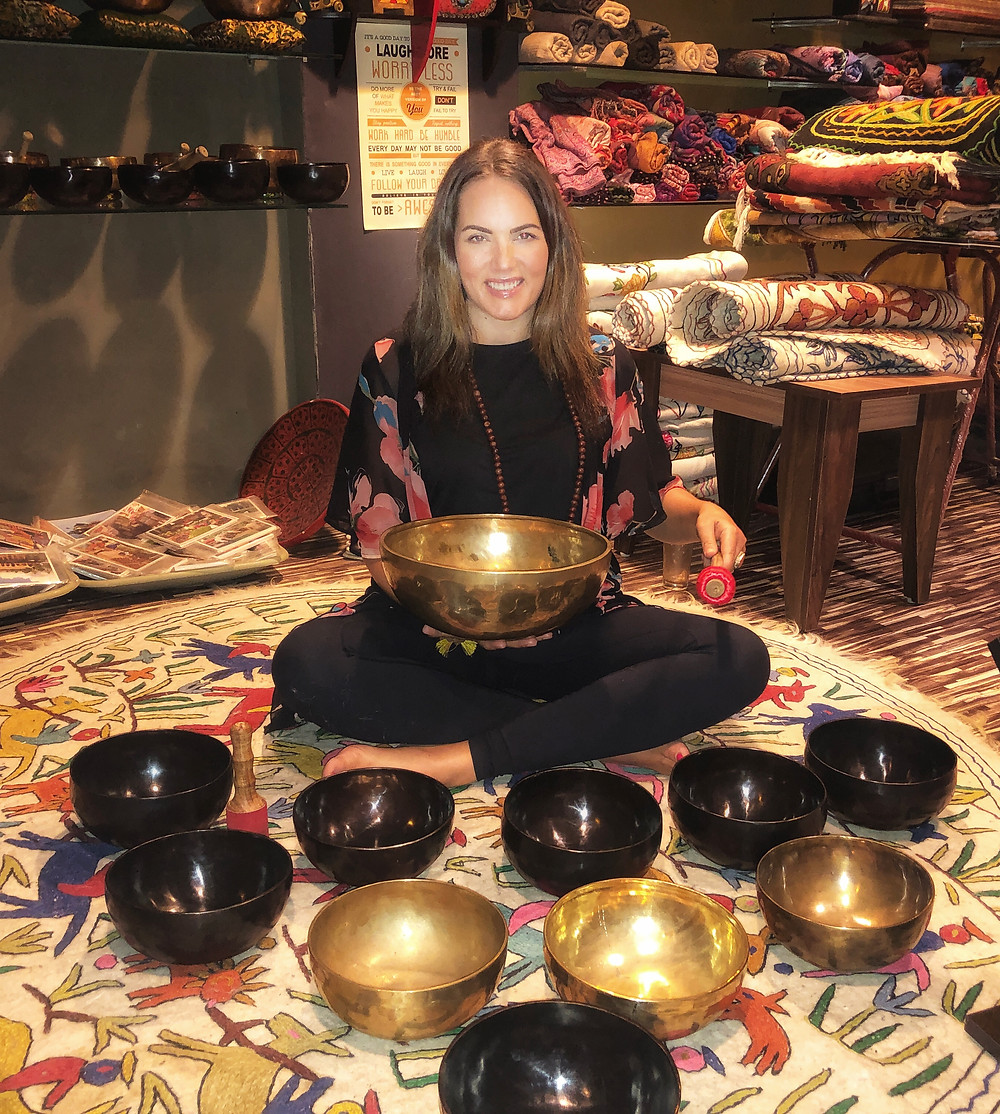 Shelley playing singing bowls