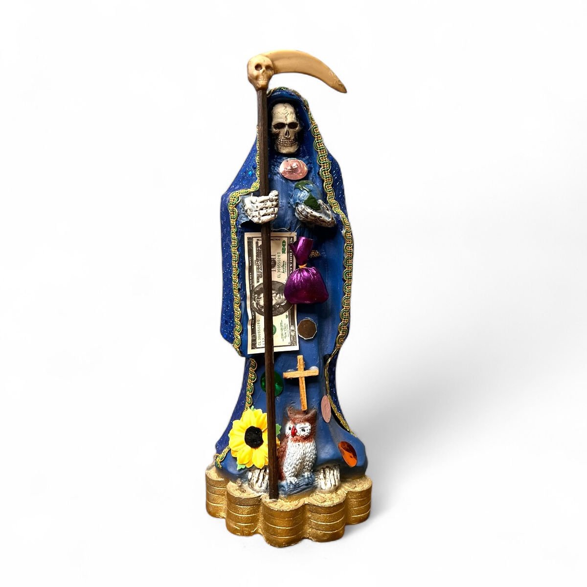 13” Santa Muerte Statue on Coin Base - Blue