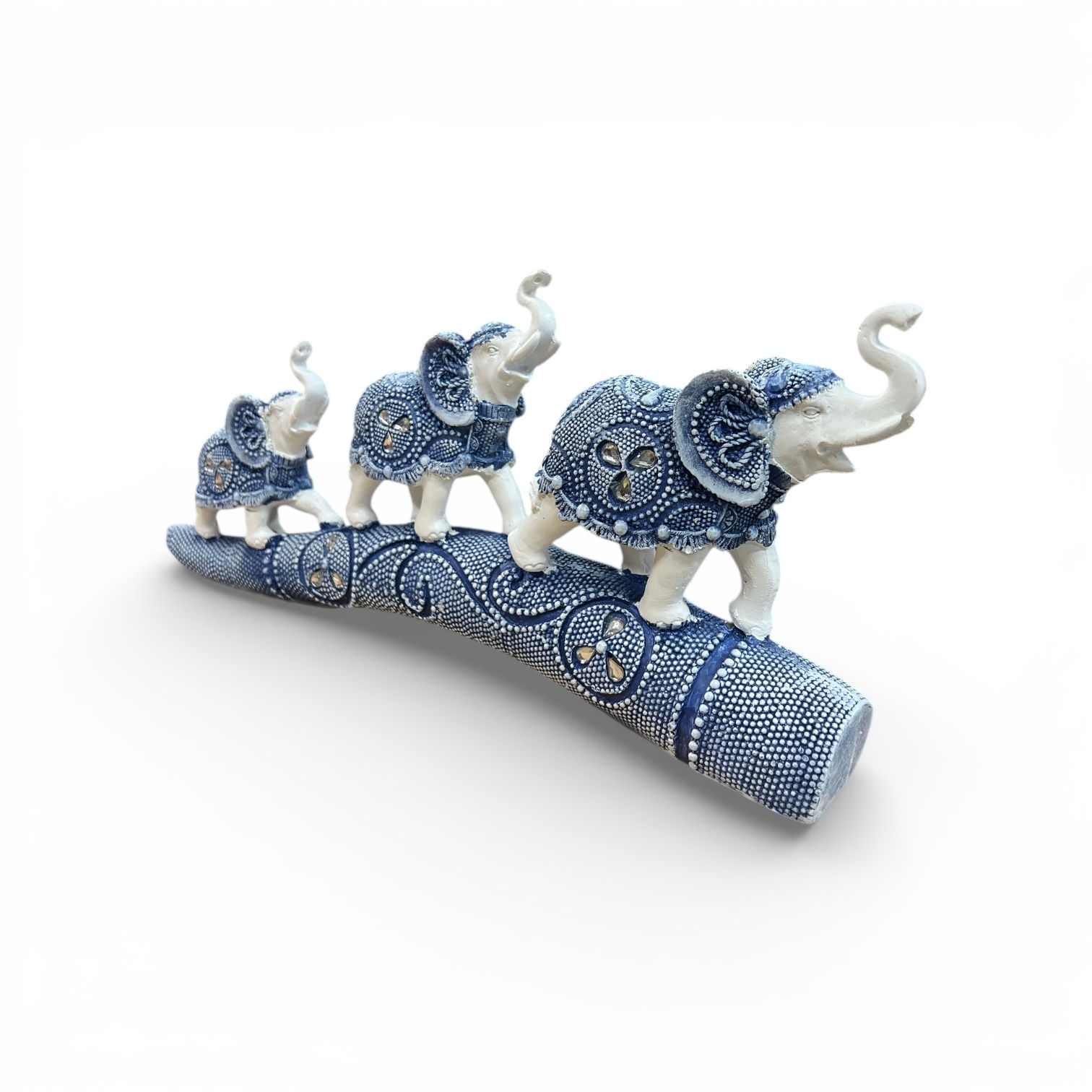 Elephant Trio on Tusk Decorative Statue, Blue & White