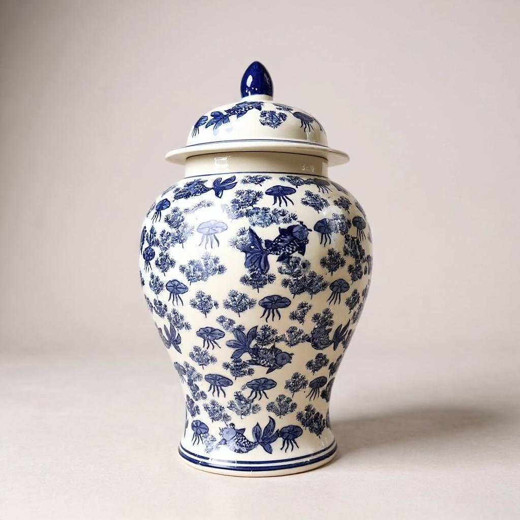 8107 Blue & White Fish Pond Ceramic Potiche, 16” Tall