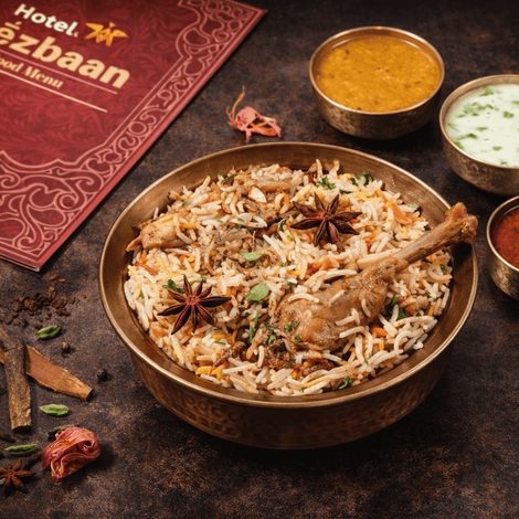 Chicken dum biryani served at Hotel Mezbaan with basmati rice, chicken pieces and traditional accompaniments