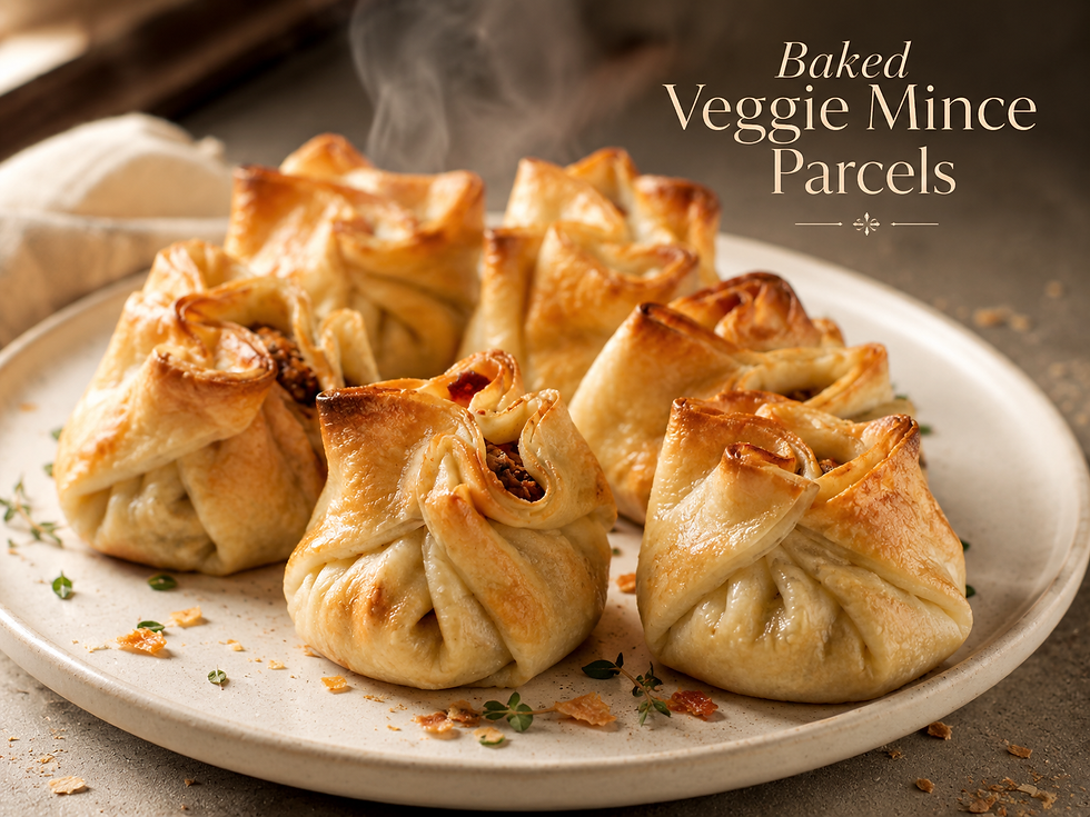 Golden baked veggie mince pastry parcels served warm with crisp flaky edges and savory plant-based filling