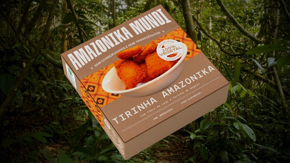 Amazonika Mundi Tirinha Amazonika plant-based cassava croquettes packaging displayed in a tropical rainforest setting with crispy vegan snack image on eco-friendly box