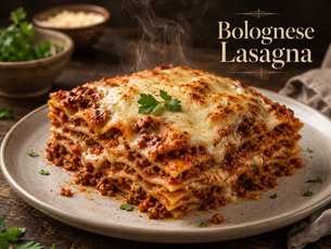 Layered plant-based Bolognese lasagna with melted vegan cheese and rich veggie mince sauce served warm