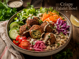Crispy falafel bowl with fresh vegetables, creamy sauce, herbs, and fluffy grains in a rustic serving bowl