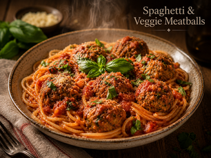 Spaghetti with plant-based veggie meatballs in rich tomato sauce topped with fresh basil and herbs