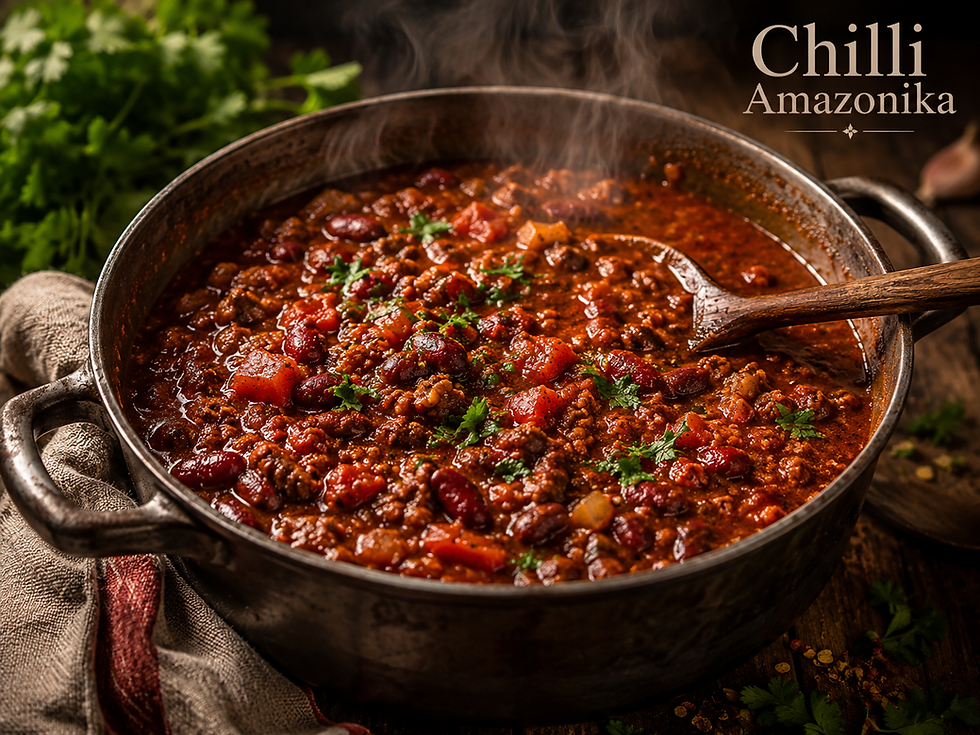Rich smoky vegan chili with red beans, veggie mince, tomatoes, and herbs simmered in a deep red sauce