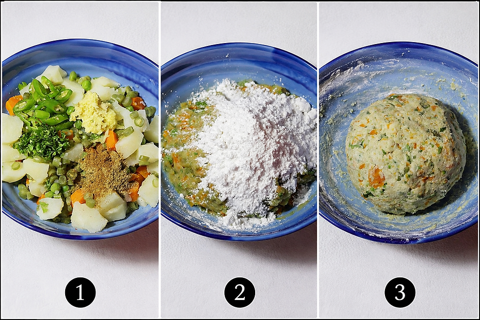 Three steps showing vegetables and spices combined with flour and mixed into a firm veggie burger patty mixture