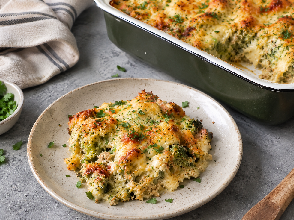 Vegan cauliflower casserole with plant-based mince served as a homemade portion on a plate