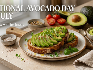 National Avocado Day 2026 featured image showcasing fresh avocado toast topped with sliced Hass avocado, microgreens, herbs, and seasoning on artisan sourdough, surrounded by whole avocados, cherry tomatoes, and homemade guacamole.
