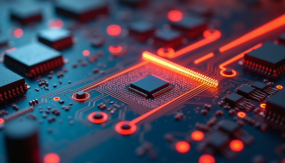 Close-up view of an illuminated circuit board, highlighting intricate pathways and components in a high-tech, futuristic setting.