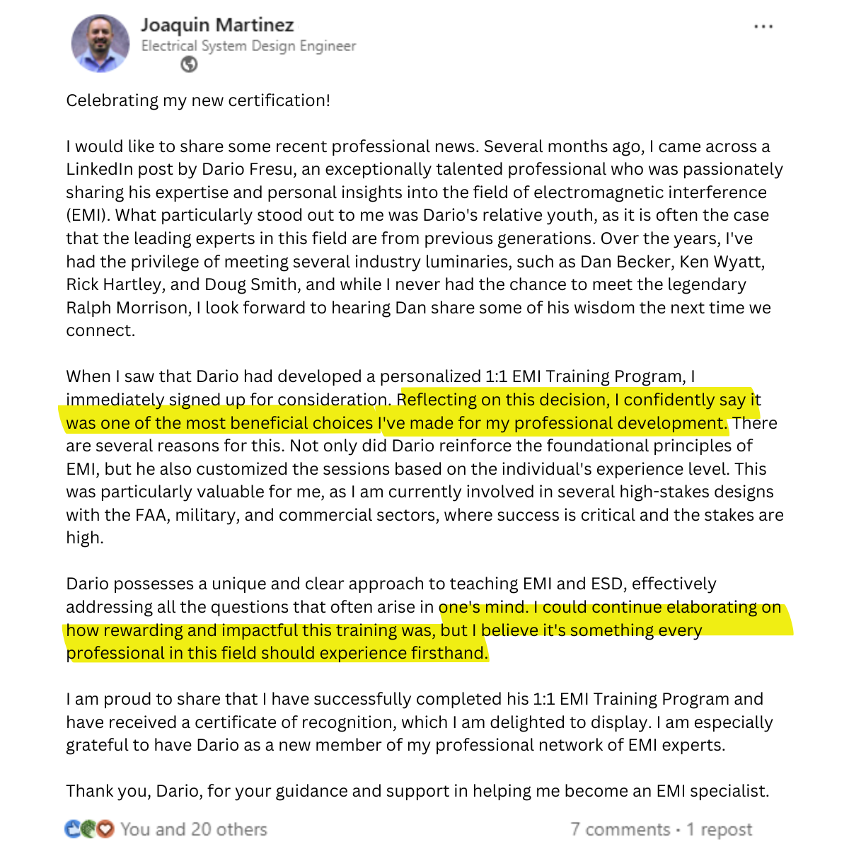 Engineer testimonial