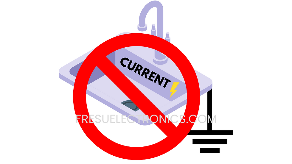 Sink with "CURRENT" text and lightning symbol, crossed by red prohibition sign. Electrical ground is not a current sink.