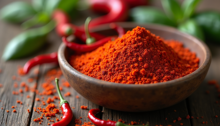 Close-up view of red pepper flakes and chili peppers in a rustic bowl