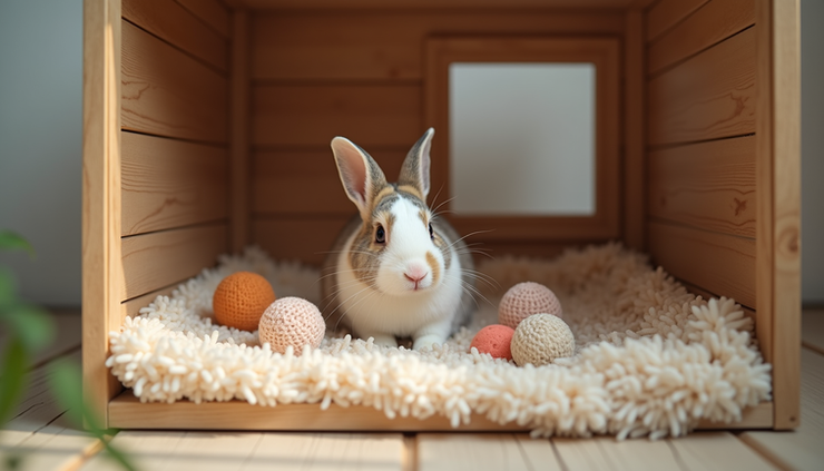 Eye-level view of a cozy indoor rabbit hutch with soft bedding and toys