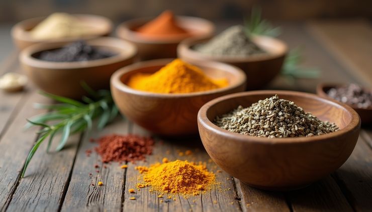 Close-up view of dried organic herbs and spices arranged in wooden bowls