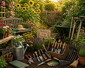 Blooming garden with sunflowers