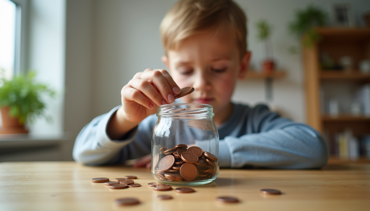 Eye-level view of a child placing pennies into a clear savings jar