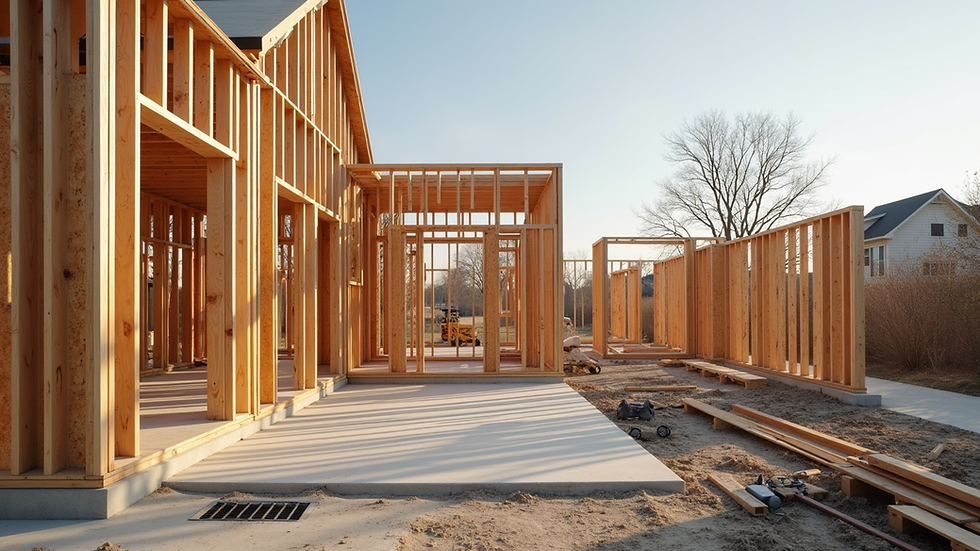 Wide angle view of a residential construction site with framing and equipment