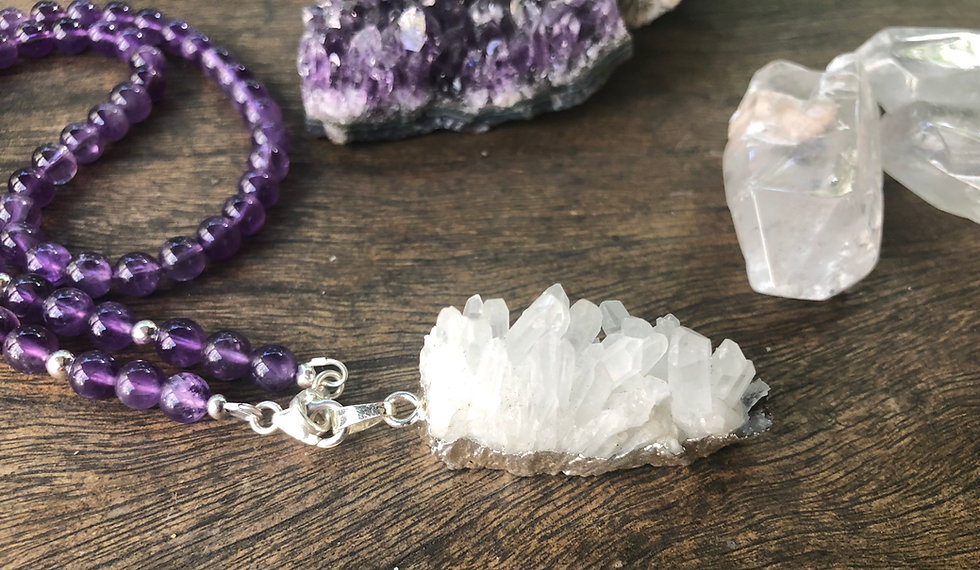 Thumbnail: Amethyst Crystal Necklace featuring Clear Quartz Crystal Cluster