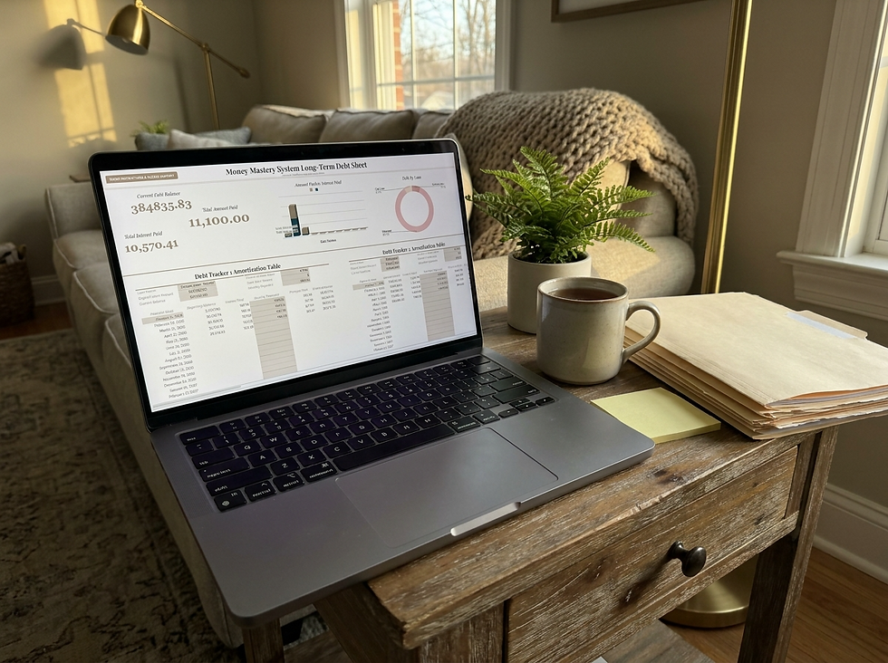 Laptop shows Money Mastery System long-term debt sheet beside a coffee mug, plant, and folders in a cozy sunlit living room.
