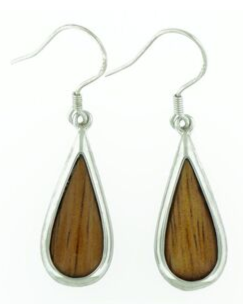 Sterling Silver Hawaiian Koa Wood Small Teardrop Hook Earrings