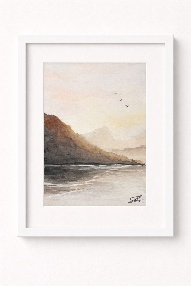 Framed landscape painting with mountains and birds.