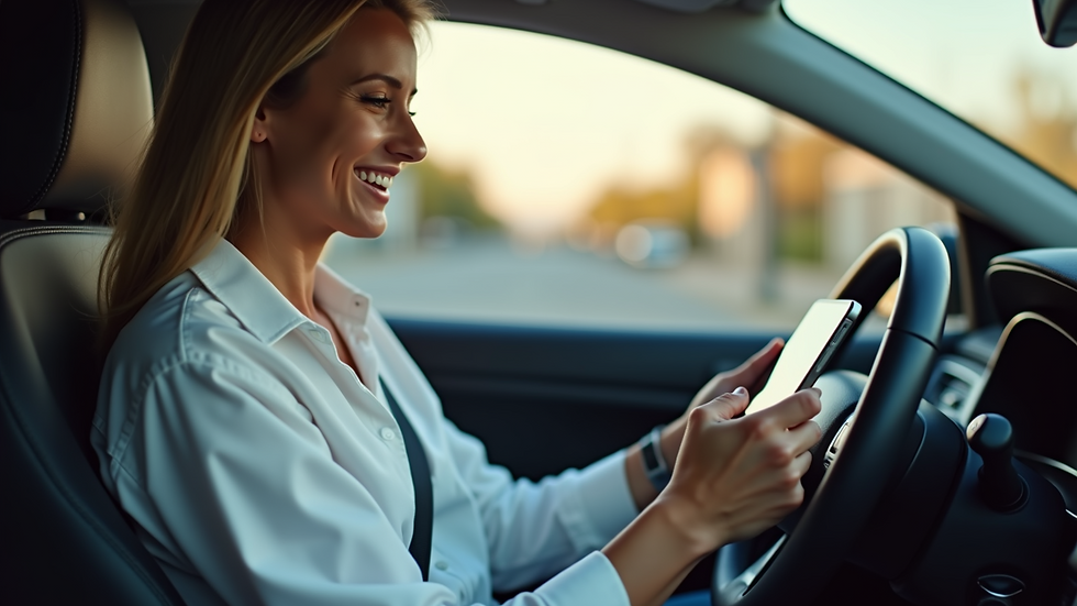 Eye-level view of delivery driver using mobile app in vehicle