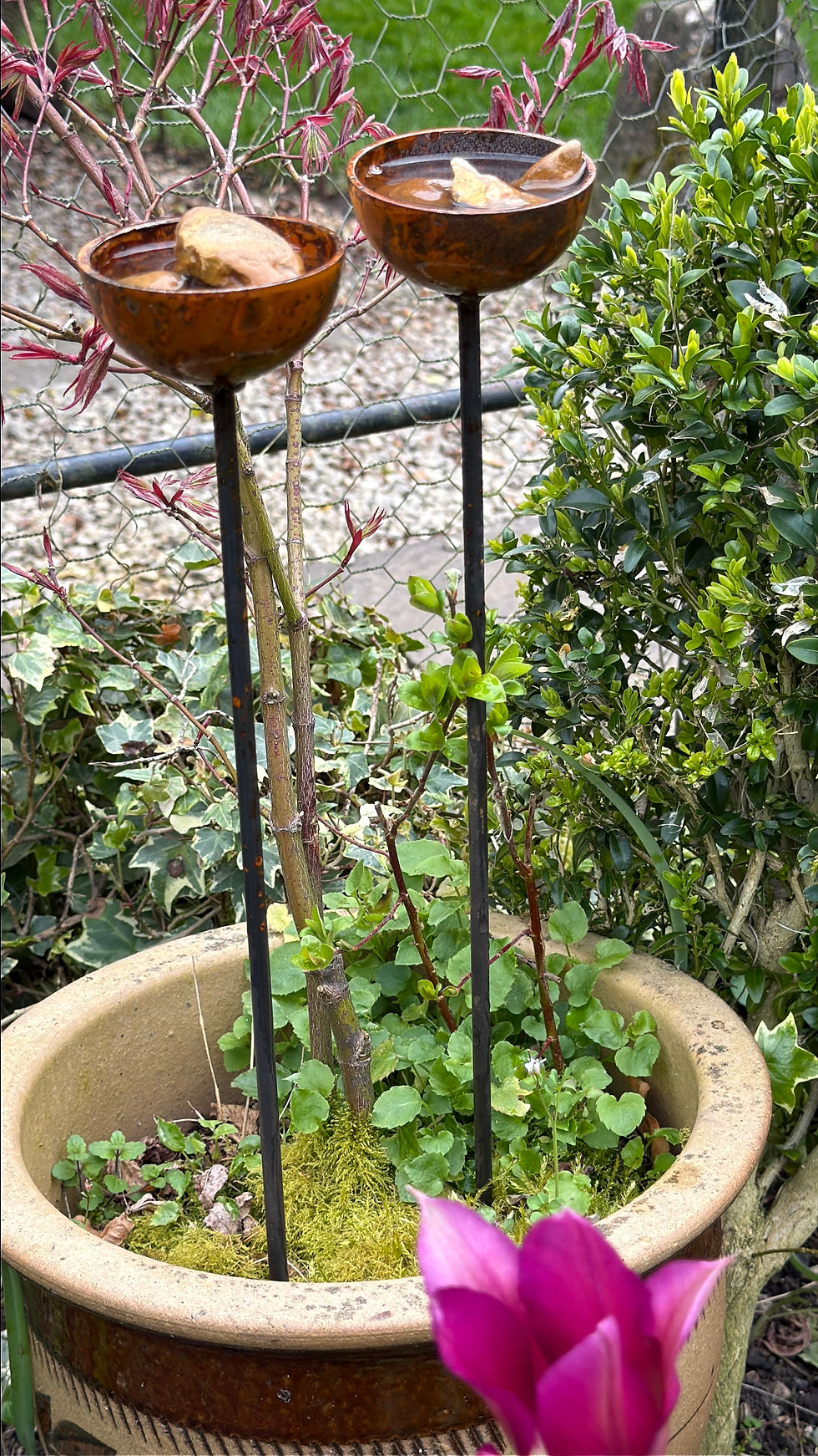 Thumbnail: Mini Metal Raincatcher Trio | 7cm Bowls | 50cm Stakes