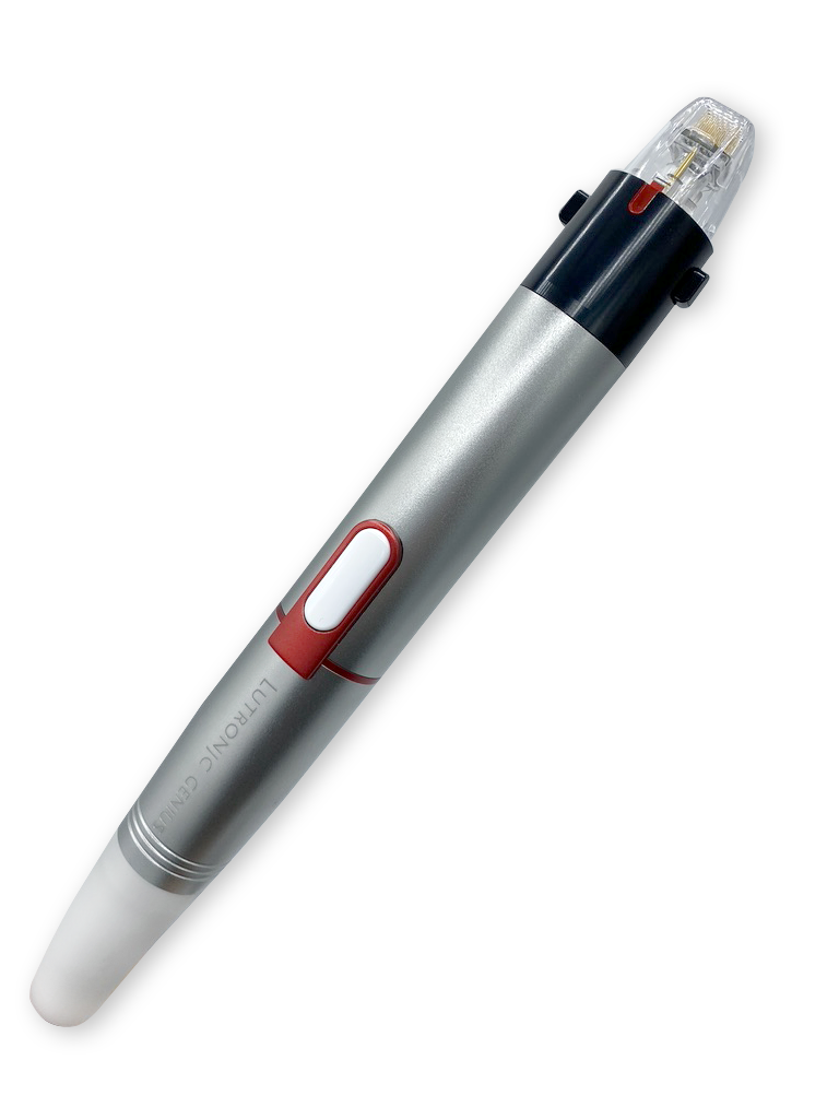 Close-up view of a microneedling device head with radiofrequency electrodes