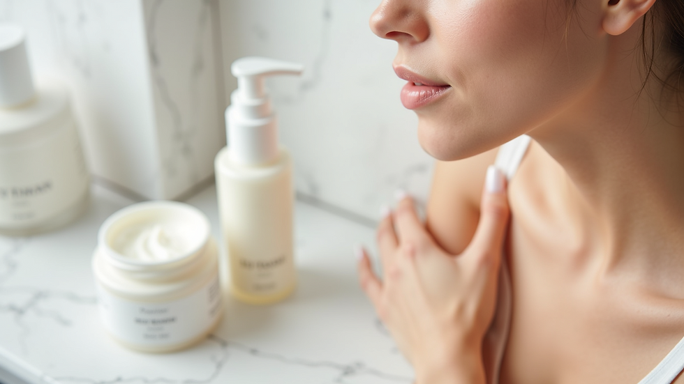 Close-up view of a skincare routine with moisturizer and serum on a bathroom counter