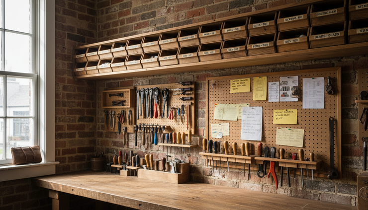 Wide-angle view of a small workshop wall with labeled bins and handwritten task cards.