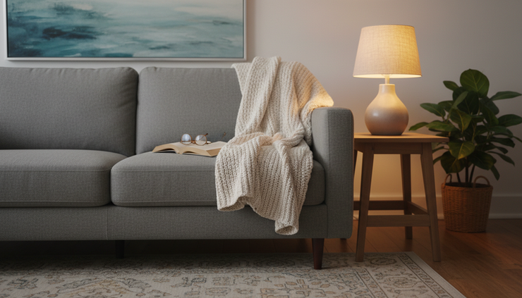 Eye-level view of a quiet couch with a folded blanket and a book beside a lamp.