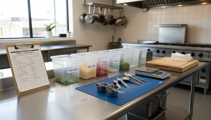 Eye-level view of a prep table with labeled containers and a printed production checklist.