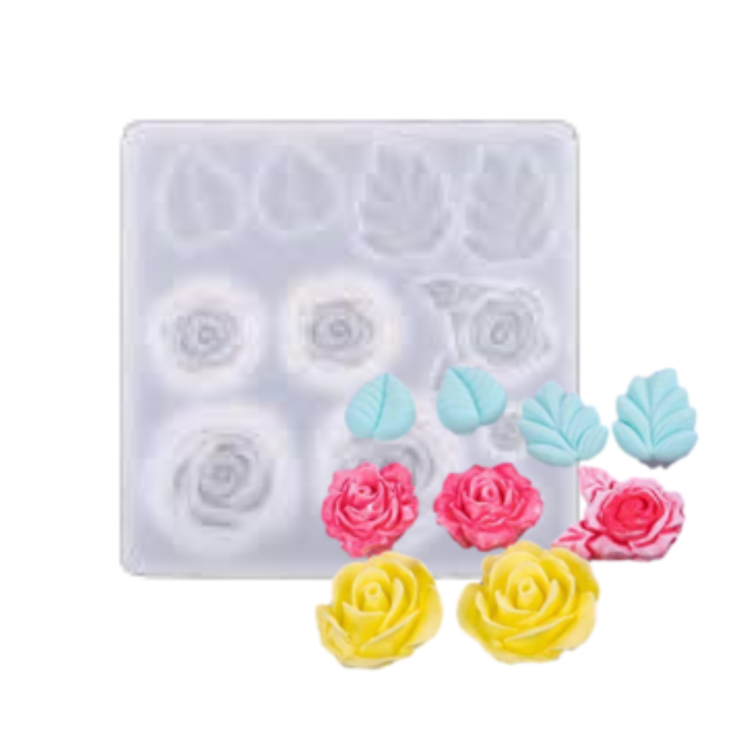 Molde silicón vela mini rosas hojasx11 #16299
