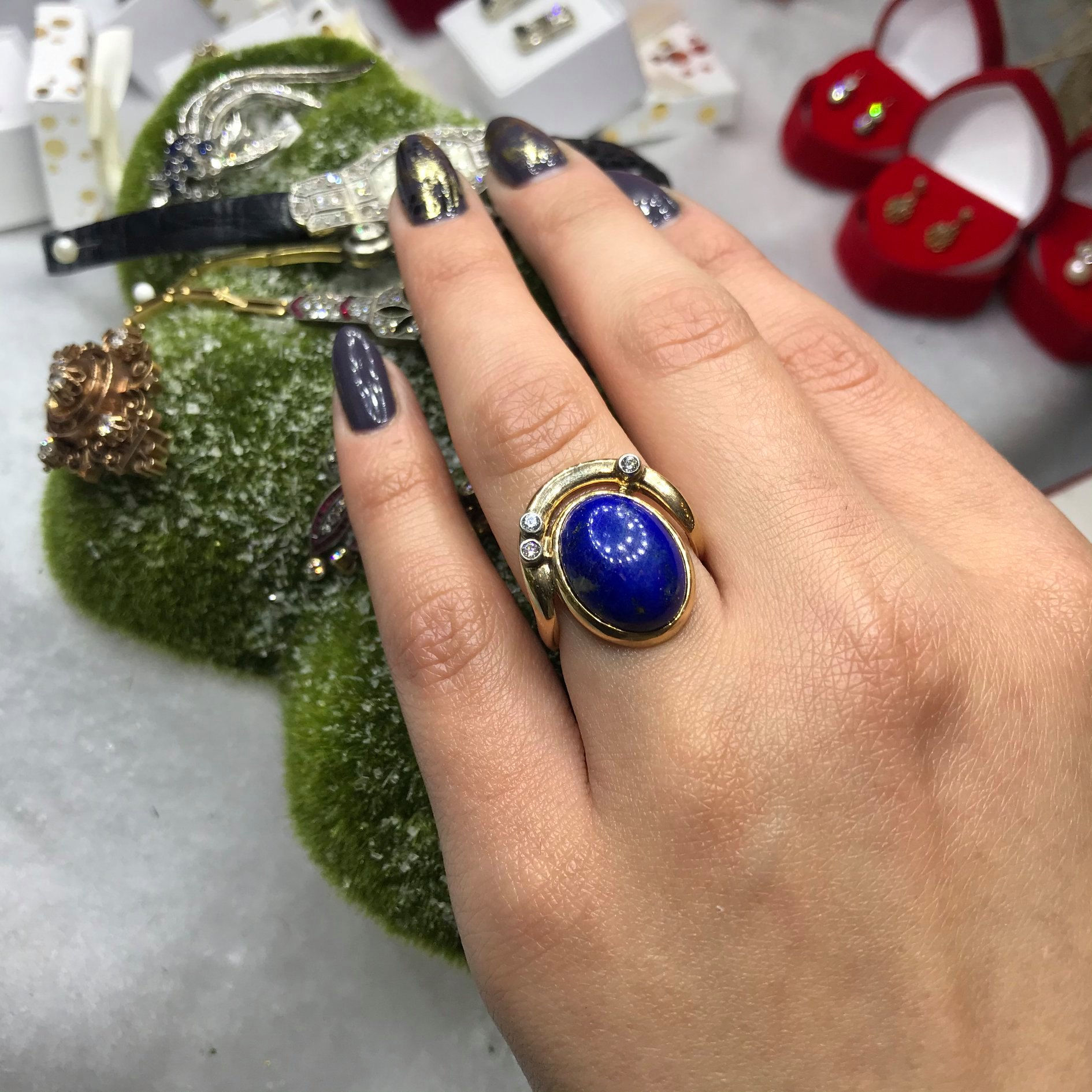 Pierścień złoty lapis lazuli diamenty 0,15 ct