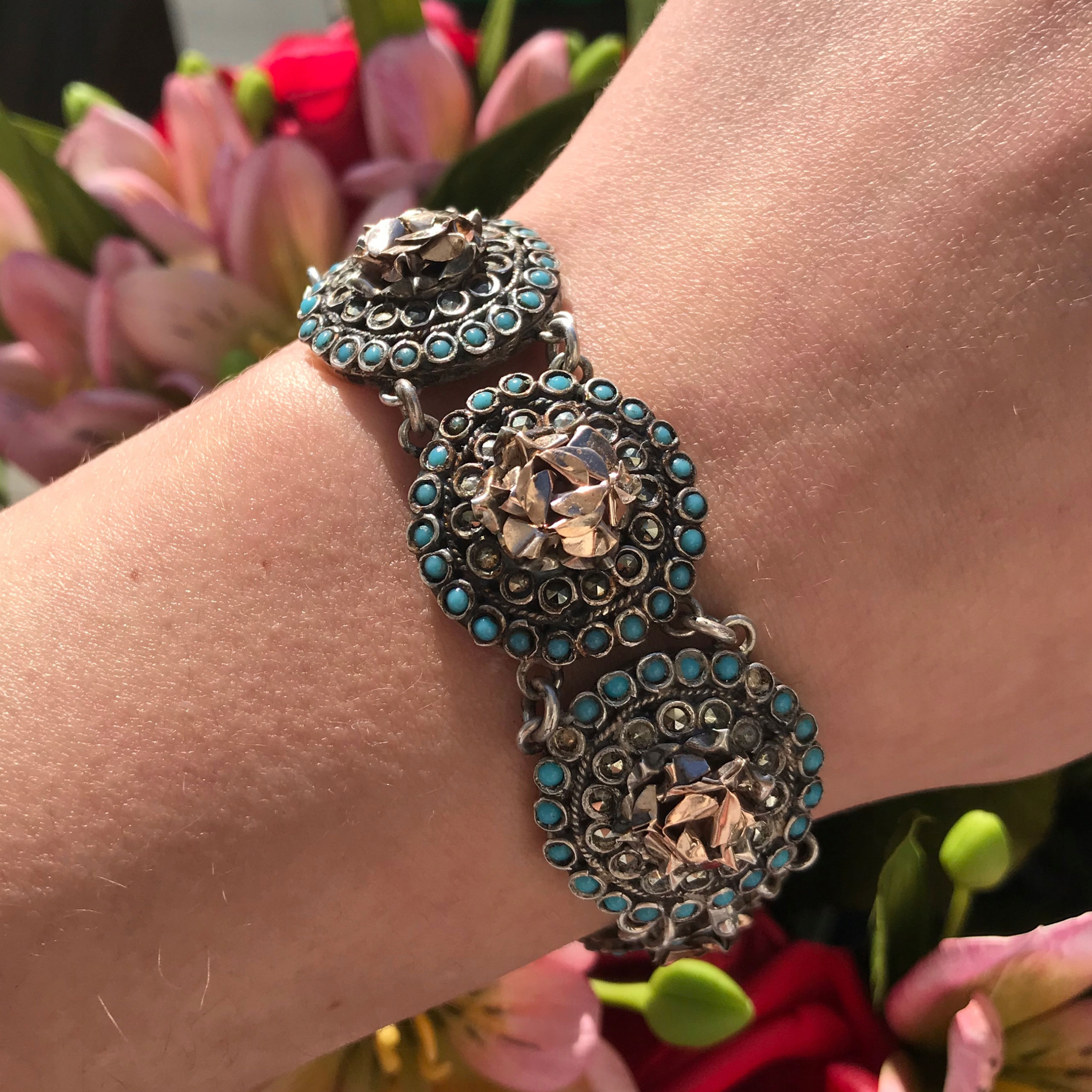 Srebrna złota bransoletka BIEDERMEIER turkusy antyk